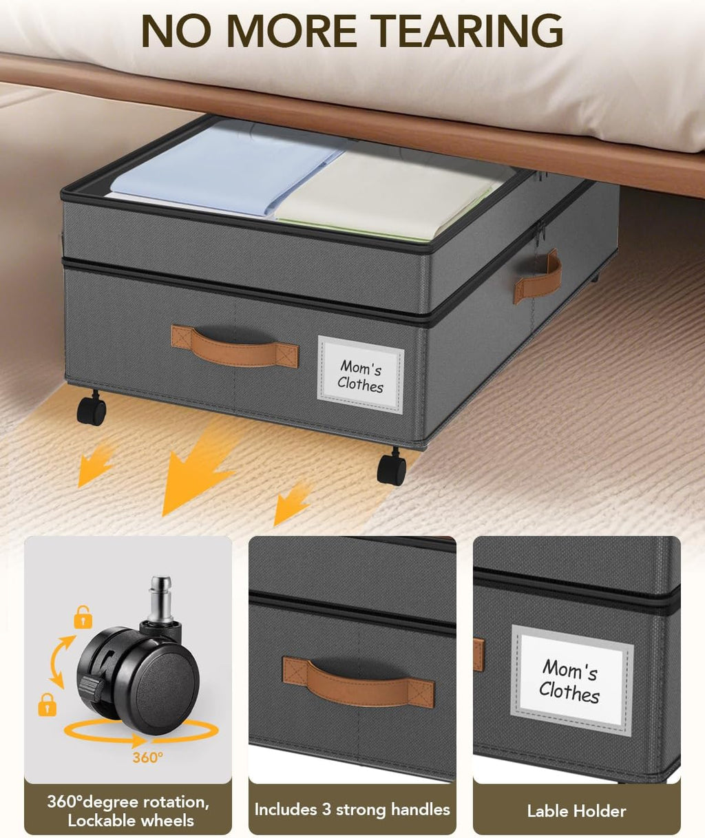 Under Bed Storage with Wheels, 10 inches Under Bed Storage Containers, 65L XXL Large Adjustable Underbed with Lids, Rolling Underbed Storage bins for Shoes, Clothes, Blankets, Grey