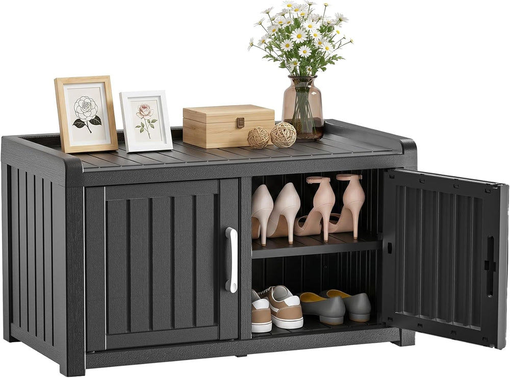 ROJIK Shoe Bench Waterproof UV-Resistant, 2-Tier Storage Cabinet for Outdoor ...