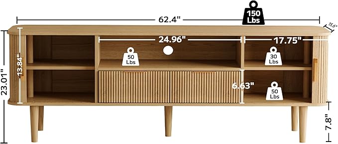 62.4 Inch Fluted TV Stand, Modern Media Console Table with Sliding Tambour Door Farmhouse Sideboard Buffet Cabinet Fits TVs up to 75 inch, Wood Entertainment Center for Living Room(Oak)