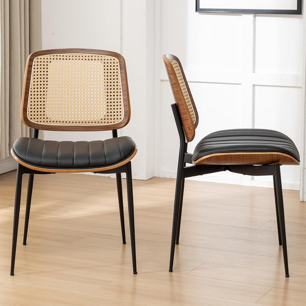 Rattan Dining Room Chairs Set of 4,Mid Century Black PU Leather Kitchen Chair...