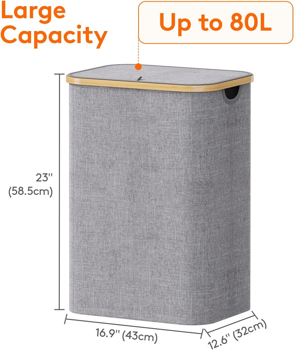 Lifewit 80L Laundry Basket with Lid, Clothes Hampers for Laundry with Bamboo Handles and A Removable Laundry Bag, Large Foldable Hamper for Bedroom, Bathroom, Dorm, Laundry Room, Light Gray