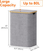 Lifewit 80L Laundry Basket with Lid, Clothes Hampers for Laundry with Bamboo Handles and A Removable Laundry Bag, Large Foldable Hamper for Bedroom, Bathroom, Dorm, Laundry Room, Light Gray