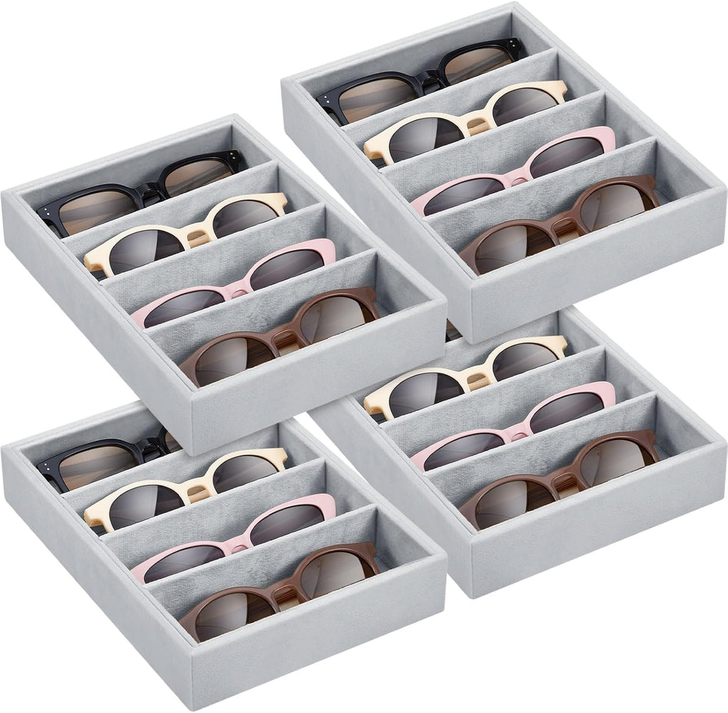 4 Pcs Gray Sunglass Organizer Trays 4 Grids Velvet Glasses Holder Jewelry Display Organizer Eyeglasses Storage Box Drawer