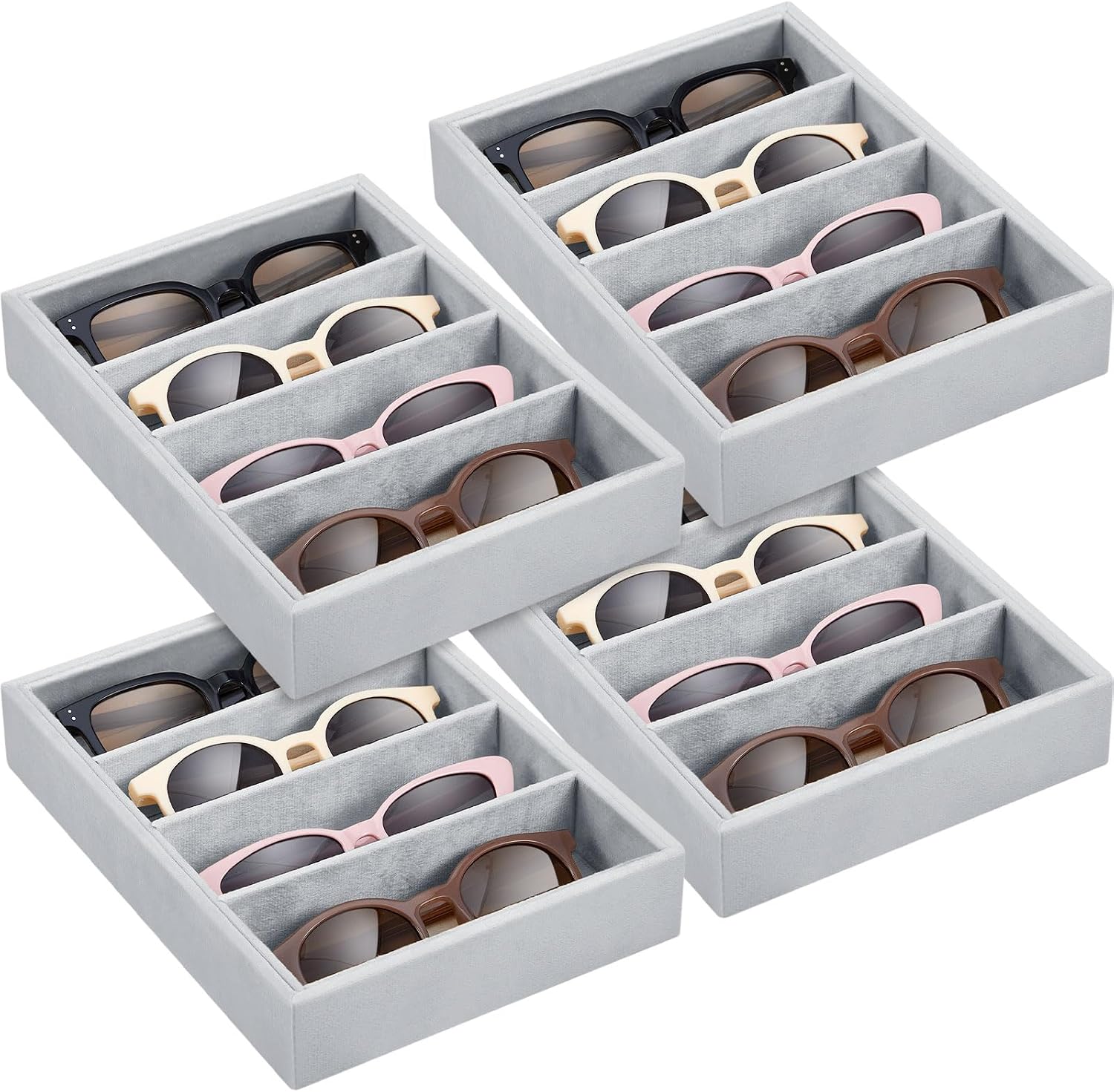 4 Pcs Gray Sunglass Organizer Trays 4 Grids Velvet Glasses Holder Jewelry Display Organizer Eyeglasses Storage Box Drawer