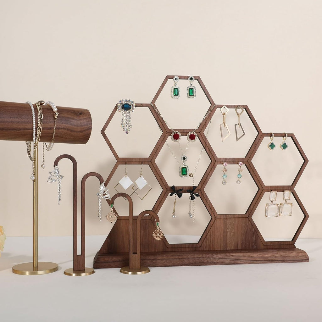GemeShou hexagonal jewelry earring display stands for selling, wooden necklace jewelry organizer hanging, walnut earring hanger dangle holder for show, home decor【Jewelry shelf-Hexagon】