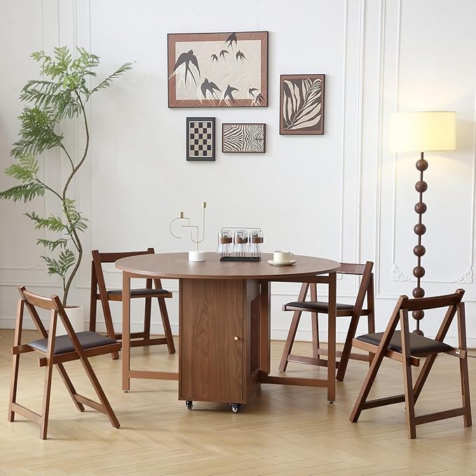 Walnut Round Folding Dining Table with 2 Chairs, Walnut Solid Wood Folding Chair Set of 2, Space Saving Foldable Dining Table with 2 Chairs