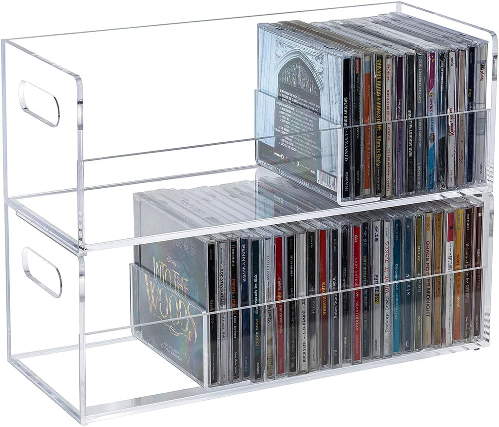 MyGift 2 Pcs Clear Acrylic CD Holder Racks, Stackable CD Storage Box, Music Disc DVD Display Cases, Modern Media Cassette Organizers with Cutout Carrying Handles