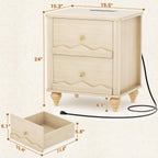Cyclysio Nightstand Set of 2 with Charging Station, Side End Table with 2 Drawers, Modern Wood Night Stand Set 2 with Scalloped Pattern for Bedroom, Bedside Night Tables with Solid Wood Gourd Legs