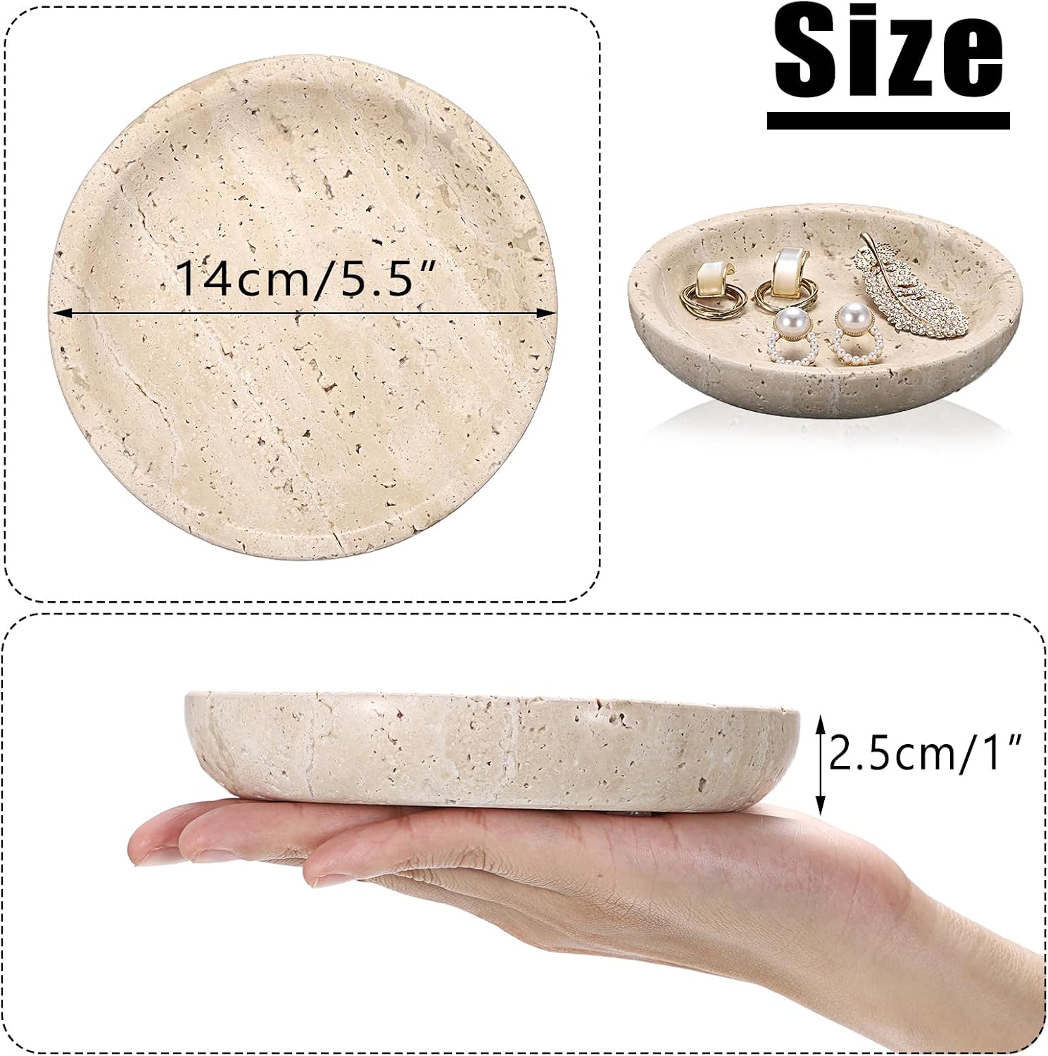 Travertine Jewelry Tray Round Trinket Dish Vintage Decorative Tray Entry Table Nightstand Bowl for Display Rings Earrings Necklace Key Organizer Home Decor
