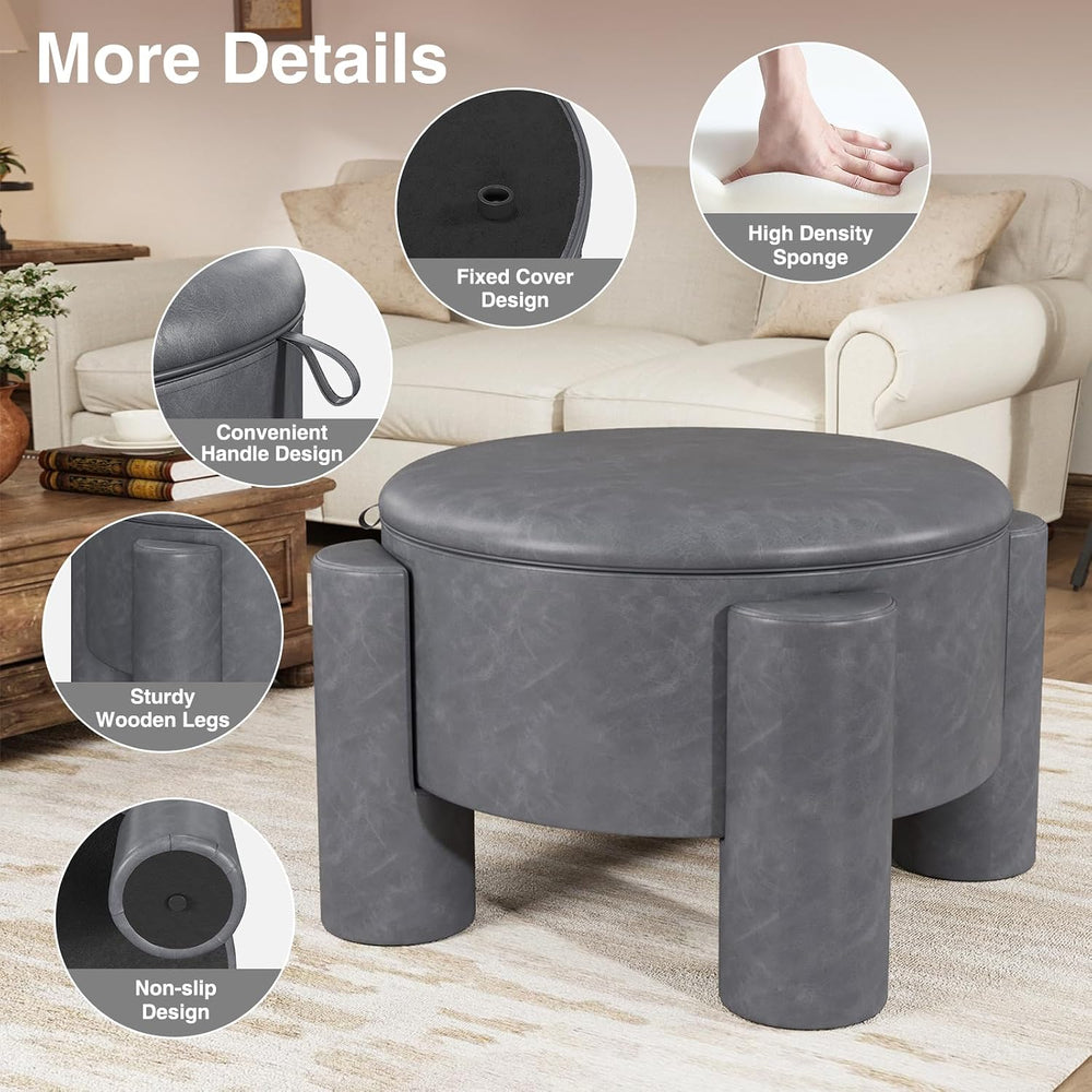 FiveWillowise 24 Inch Round Small Ottoman with Storage,Faux Leather | 24&quot...