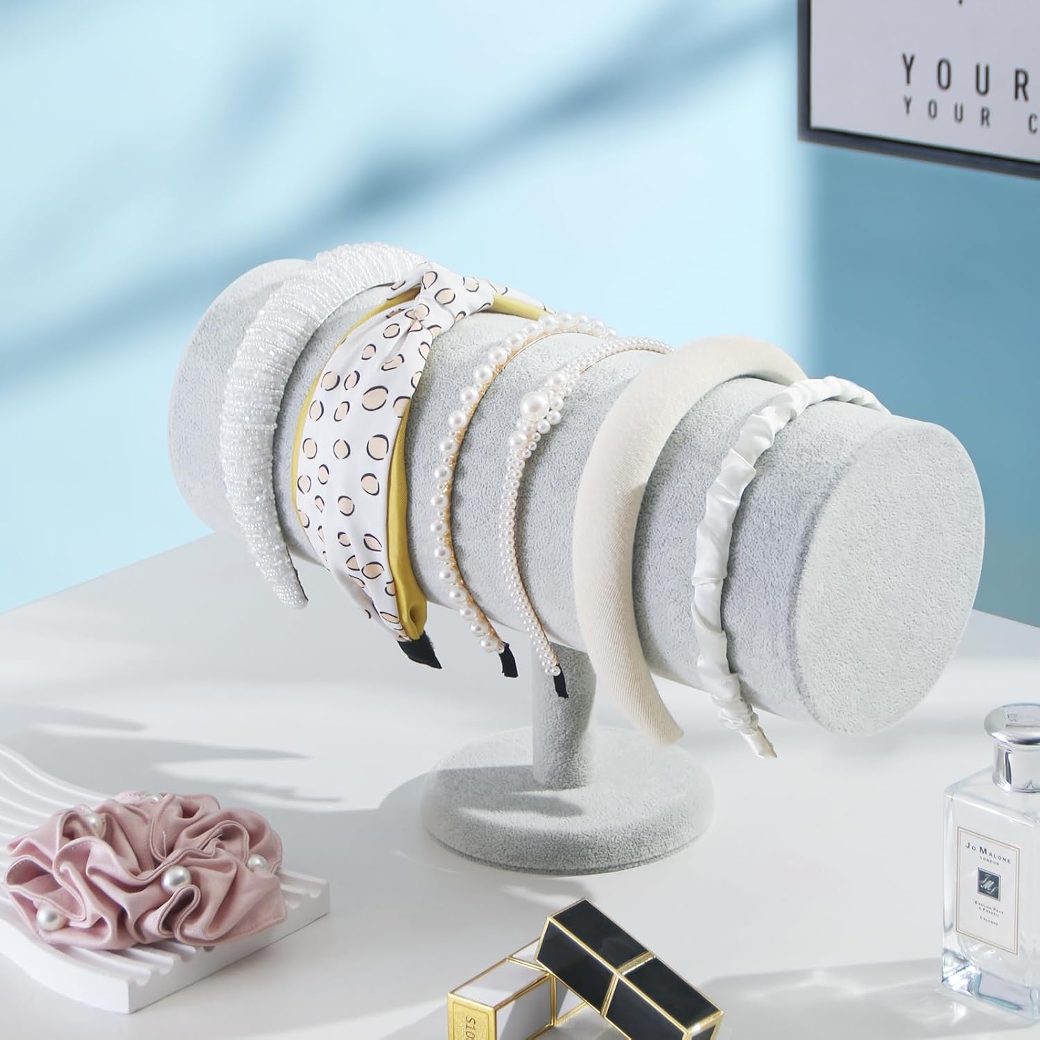 T-Bar Headband Holder Organizer for Selling, Soft Velvet Hairband Stand Display, Hair Hoop Accessories Jewelry Storage for Home Bedroom (Gray Beige Velvet)