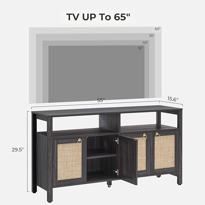 SICOTAS Rattan TV Stand for Television up to 120 Inch - Large Entertainment Center with Storage and Open Shelves, Boho Media TV Console Cabinet with Doors and Adjustable Shelf for Living Room