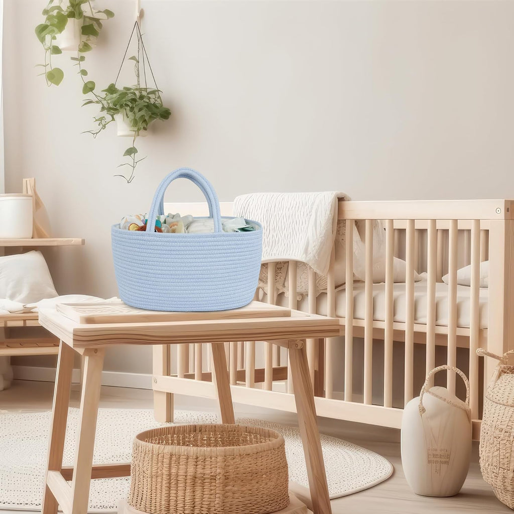 XUANGUO Cotton Rope Baby Diaper Caddy Organizer Basket Sky Blue | Nursery Storage Bin, Portable Baby Tote Bag for Changing Table or Car, Baby Shower Gifts Bag, Newborn Essentials, Registry