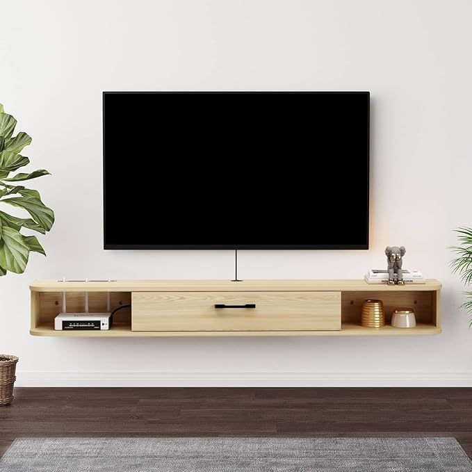 Floating TV Unit, 55'' Wall Mounted TV Cabinet, Floating Shelves with Door, Modern Entertainment Media Console Center Large Storage TV Bench for Living Room & Office (55.12IN, Light Oak)