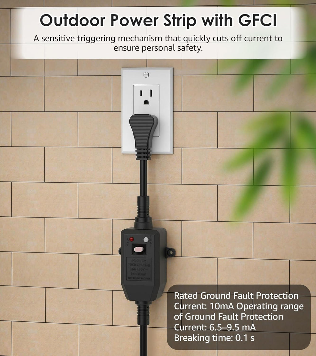 CCCEI GFCI Outdoor Power Strip Weatherproof with 8 AC, Waterproof Extension Cord with Multiple Outlets, Wall Mount Surge Protector Flat Plug, Christmas Exterior Garden, Yard, 6FT, Yellow.