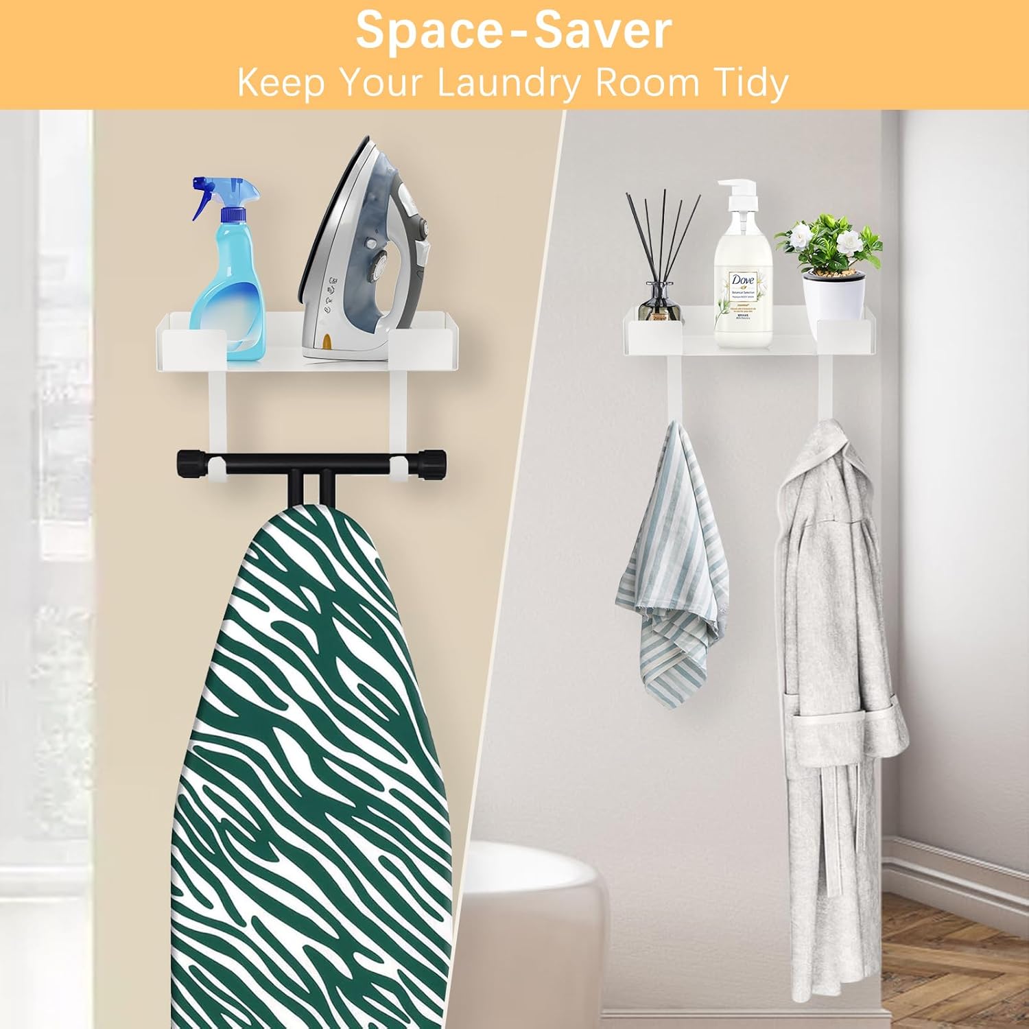 JUYSON Ironing Board Holder Wall Mount, Iron Board Storage Hanger for Laundry Rooms, Iron and Ironing Board Set Holder (White-with Shelf)