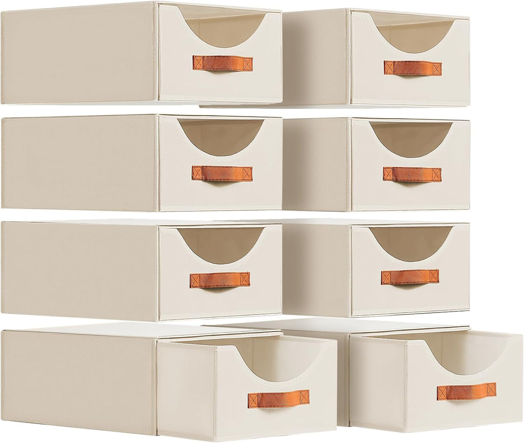 Large Closet Organizers and Storage - Stackable Storage Bins with Drawer, Fabric Containers for Organizing, Collapsible Organizer Bins for Bedroom, 8 Pack, Beige