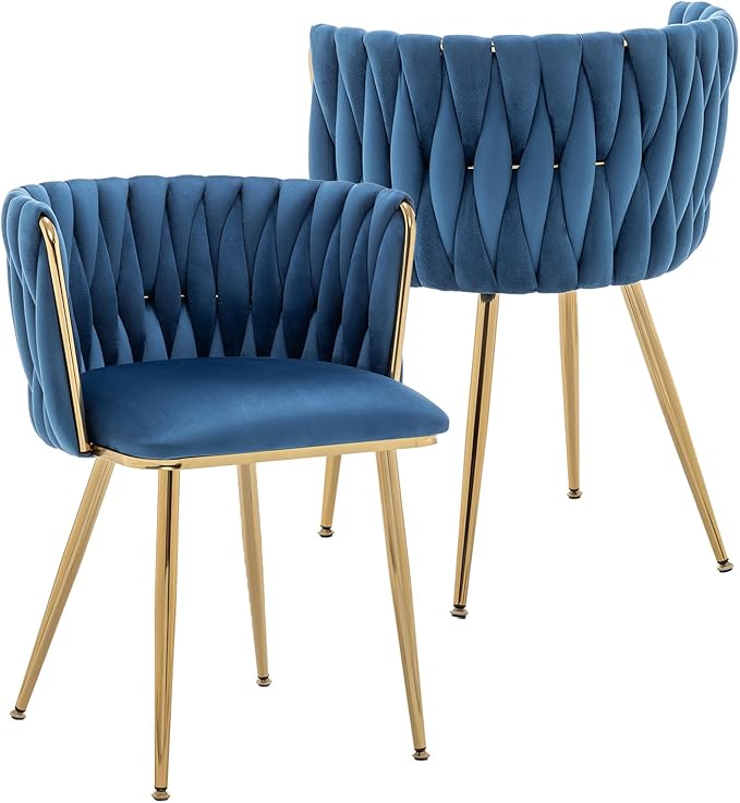 Kiztir Velvet Dining Chairs Set of 2, Upholstered Dining Room Chairs with Gold Metal Legs, Luxury Tufted Dining Chairs for Living Room, Bedroom, Kitchen (Blue)