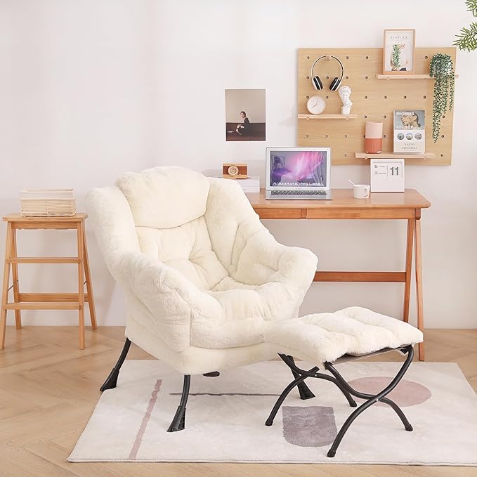 Welnow Lazy Chair with Ottoman, Modern Lounge Accent Chair with Armrests and a Side Pocket, Leisure Sofa Armchair, Reading Armchair with Footrest for Small Space, Plush Beige