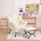 Welnow Lazy Chair with Ottoman, Modern Lounge Accent Chair with Armrests and a Side Pocket, Leisure Sofa Armchair, Reading Armchair with Footrest for Small Space, Plush Beige