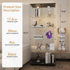 Beauty4U Glass Display Cabinet with Lights, 5 Shelves with 2 Doors, Curio Cabinets for Living Room, Bedroom, Office, Black Floor Standing Glass Bookshelf, Quick Installation