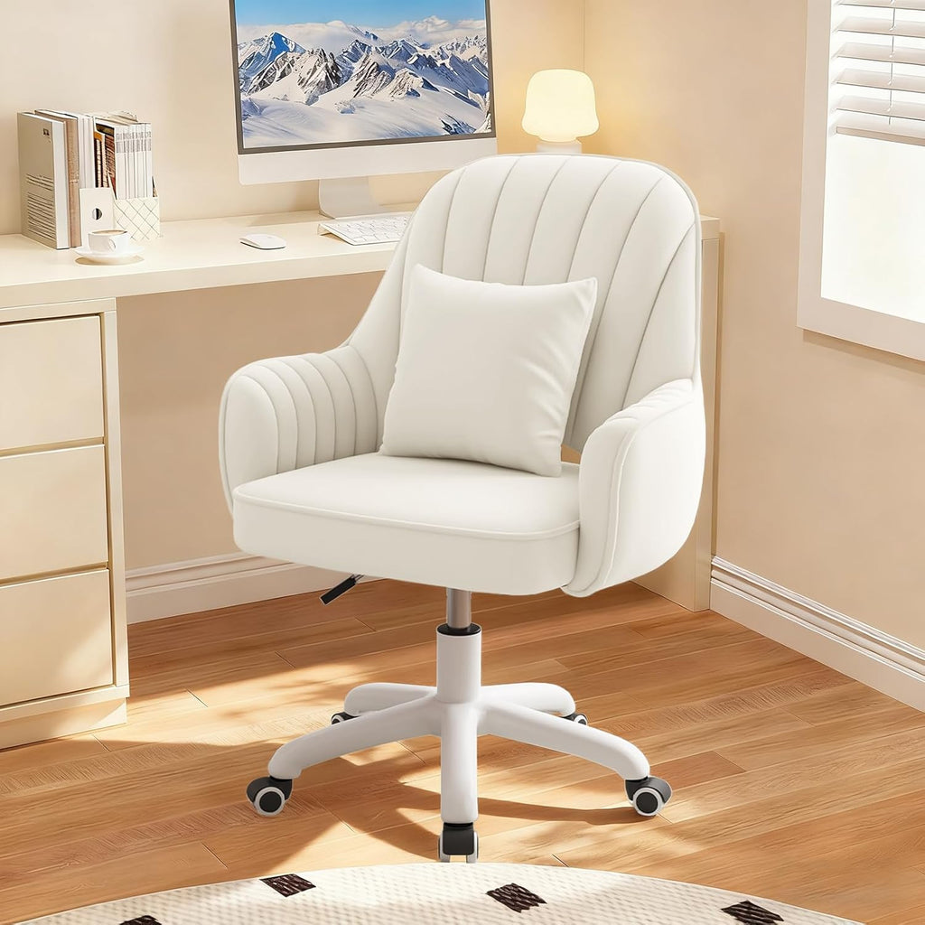 Mid-Back Velvet Desk Chair, Height Adjustable Swivel Vanity Chair with Wheels, Rolling Accent Chair for Home Office, Bedroom, Living Room, Cream