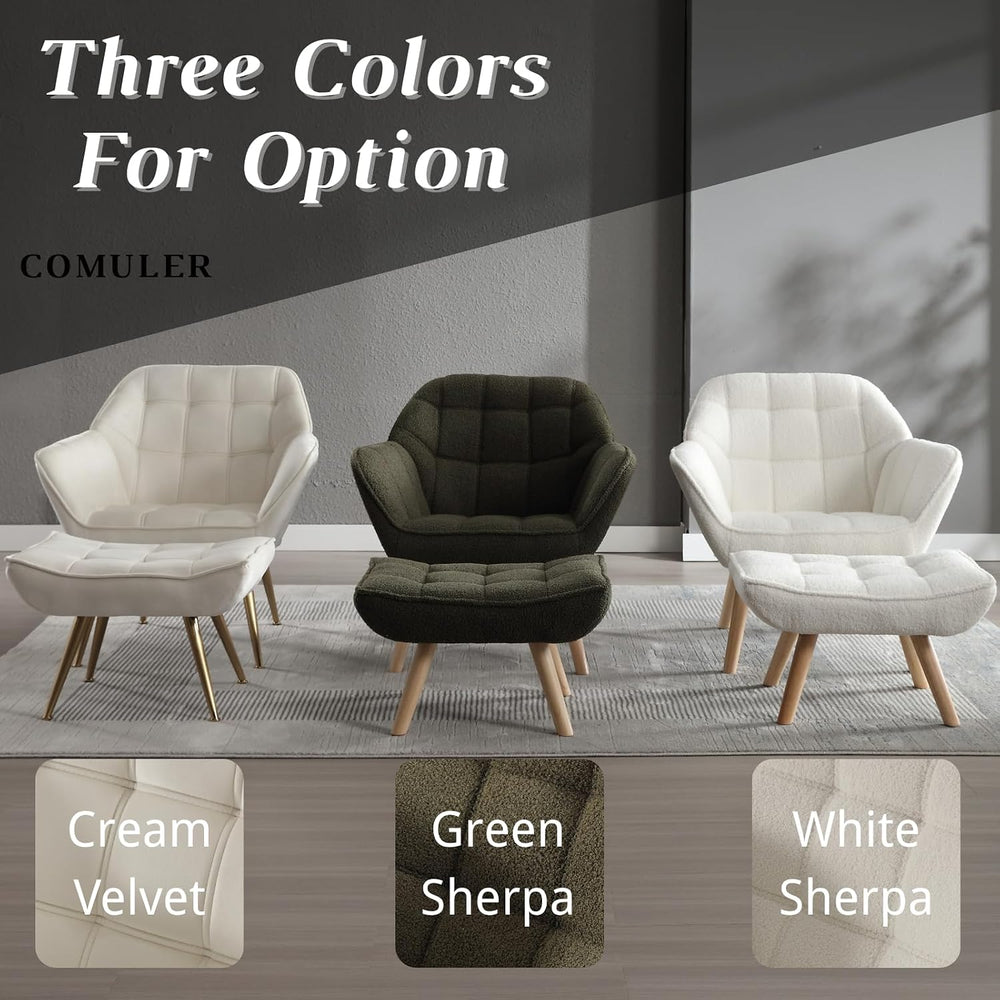 White Sherpa Accent Chair with Ottoman ，Modern Reading Chairs with Ottoman Se...