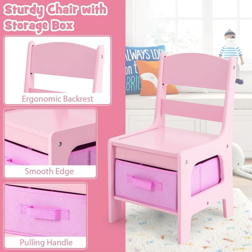 Kids Table and Chairs, 3 in 1 Wooden Kids Table with Storage Drawer, Removable Blackboard, Reversible Tabletop, Toddler Table and Chair Set for Drawing, Reading (Pink)