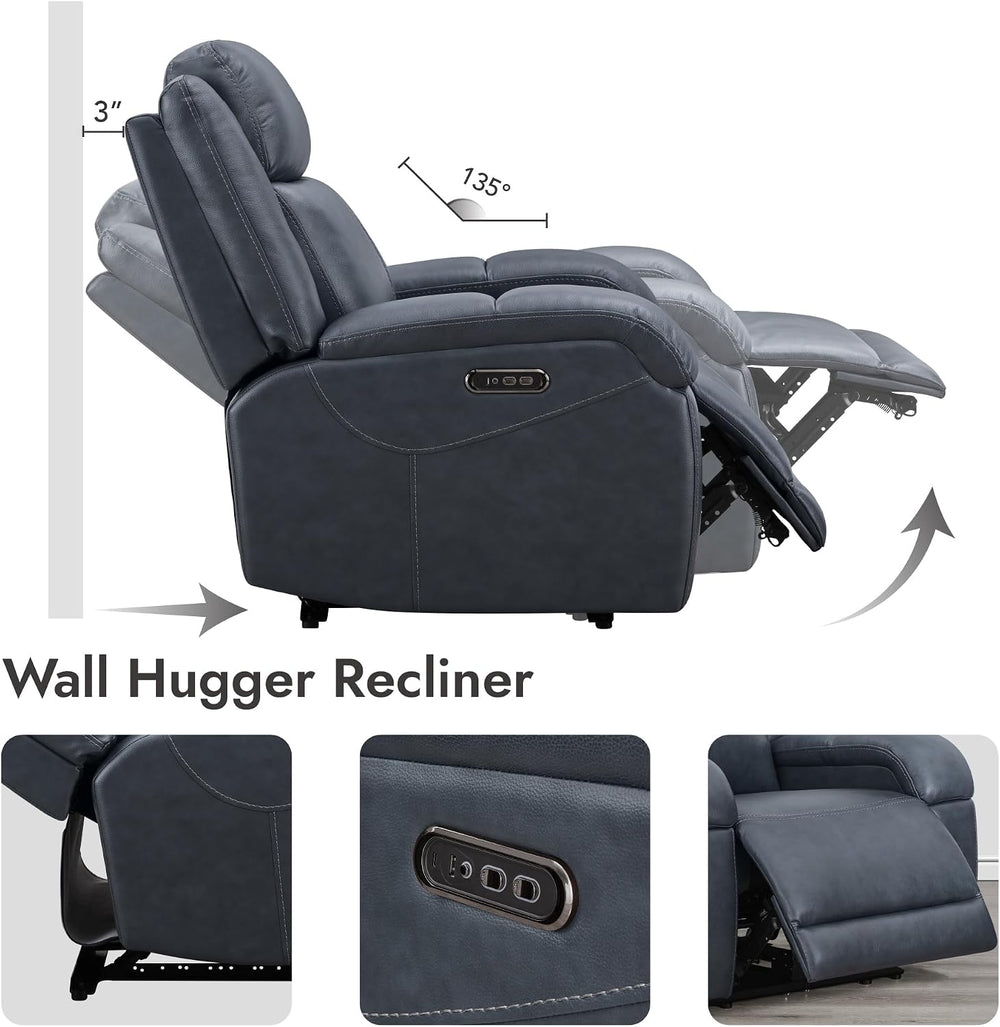 Watson & Whitely Genuine Leather Wall Hugger Power Recliner, Navy Blue