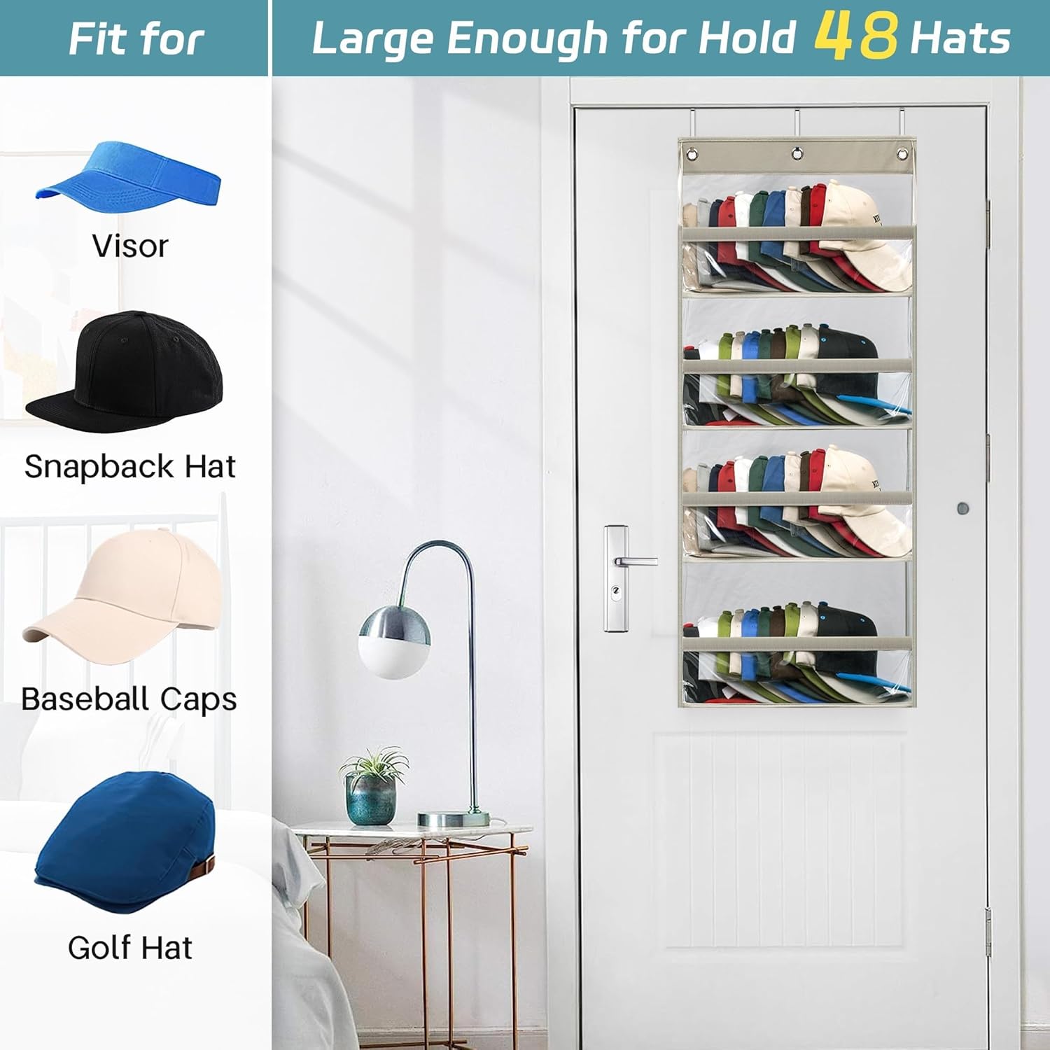 AOODA Clear Over the Door Hat Racks for Baseball Caps, Hold 48 Caps Hat Storage Organizer for Closet Wall, Deep Pockets Hanging Snapback Holder Shelves with 3 Hooks, Grey