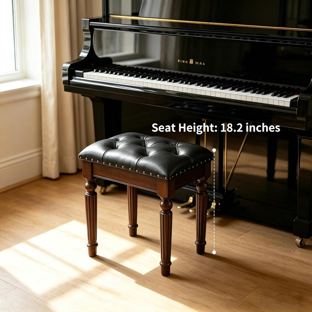 Black Faux Leather Vanity Stool, Backless, Victorian Style | Small Tufted Ben...