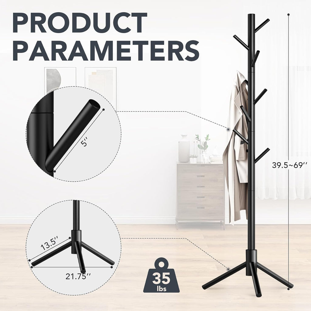 Wooden Coat Rack Freestanding with 8 Hooks,Easy Assembly New Zealand Pine Tree Coat Racks, 3 Adjustable Sizes for Clothes, Hats, Bags, for Entryway, Hallway, Bedroom, Office (Black, 1 PC)