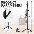 Wooden Coat Rack Freestanding with 8 Hooks,Easy Assembly New Zealand Pine Tree Coat Racks, 3 Adjustable Sizes for Clothes, Hats, Bags, for Entryway, Hallway, Bedroom, Office (Black, 1 PC)