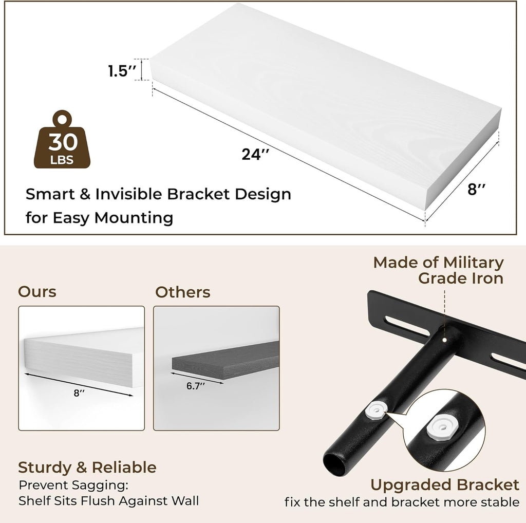RICHFOCUS 24Inch Floating Shelves for Wall 2 Pack Shelves for Bedroom|Kitchen|Bathroom Wall Mounted Rustic Wood Floating Shelf with Invisible Brackets for Books|Storage|Decor, White