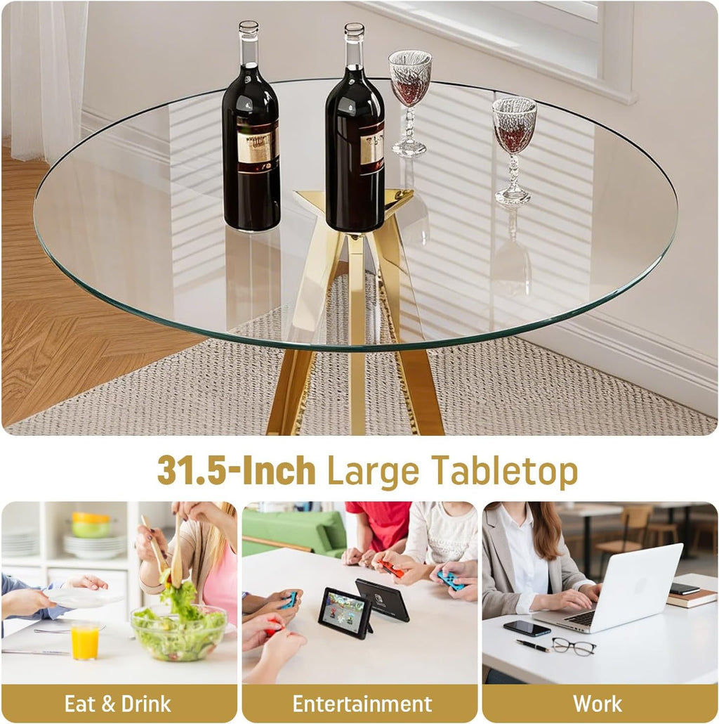 Round Bar Table, 37.4" High Pub Table, 31" Small Cocktail Table with Metal Base & Glass Top, for Small Spaces, Bistro Pub, Cafe(Gold)