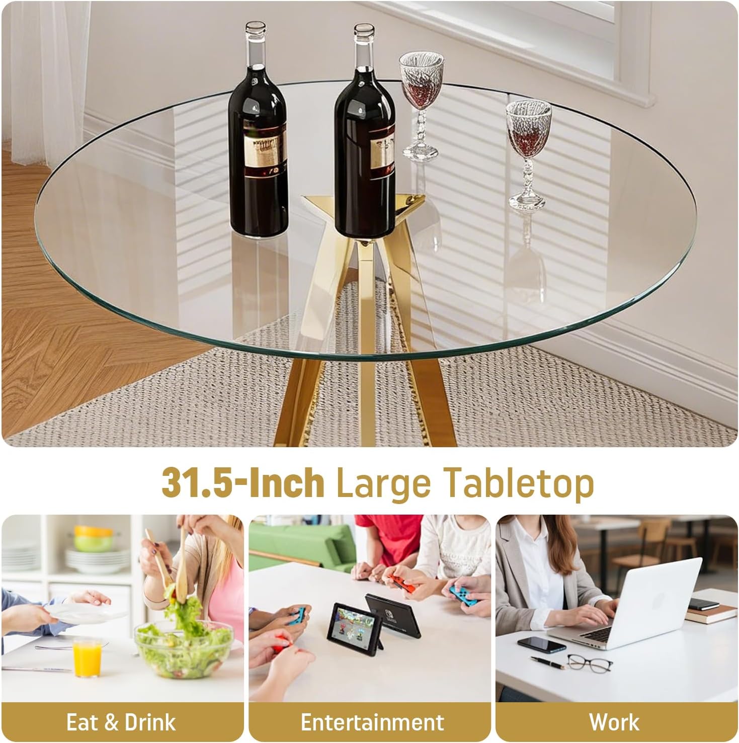 Round Bar Table, 37.4" High Pub Table, 31" Small Cocktail Table with Metal Base & Glass Top, for Small Spaces, Bistro Pub, Cafe(Gold)