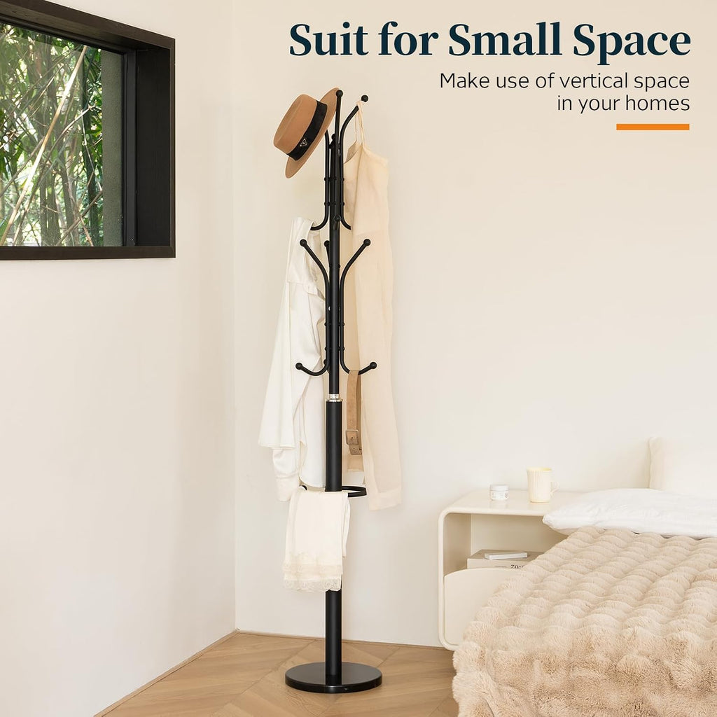 Yoobure Metal Coat Rack Freestanding with Marble Base, Coat Tree with 12 Hooks & Umbrella Holder, Coat Hanger Stand for Corner Entryway Bedroom Office, Heavy Duty Coat Rack Stand for Clothes Hats Bags