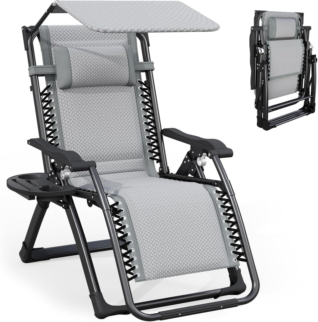 ATORPOK Zero Gravity Chair with Canopy, Folding Patio Recliner 450lbs | Padded Seat & Backrest; Adjustable Reclining Chair; Headrest & Cup Holder; Outdoor Lounge Chair for Patio, Poolside & Beach