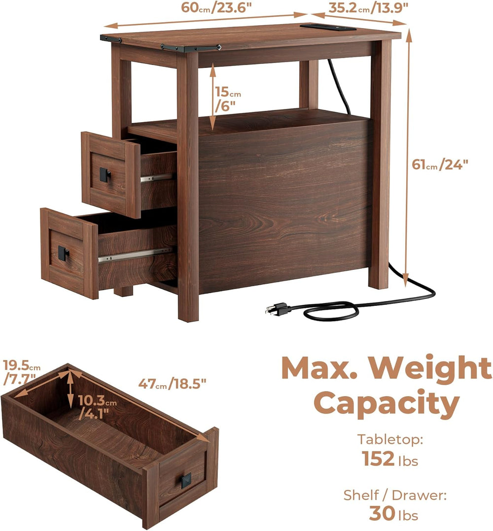 VVFLU Farmhouse End Table with Charging Station and 2 Storage Drawers, Cherry...