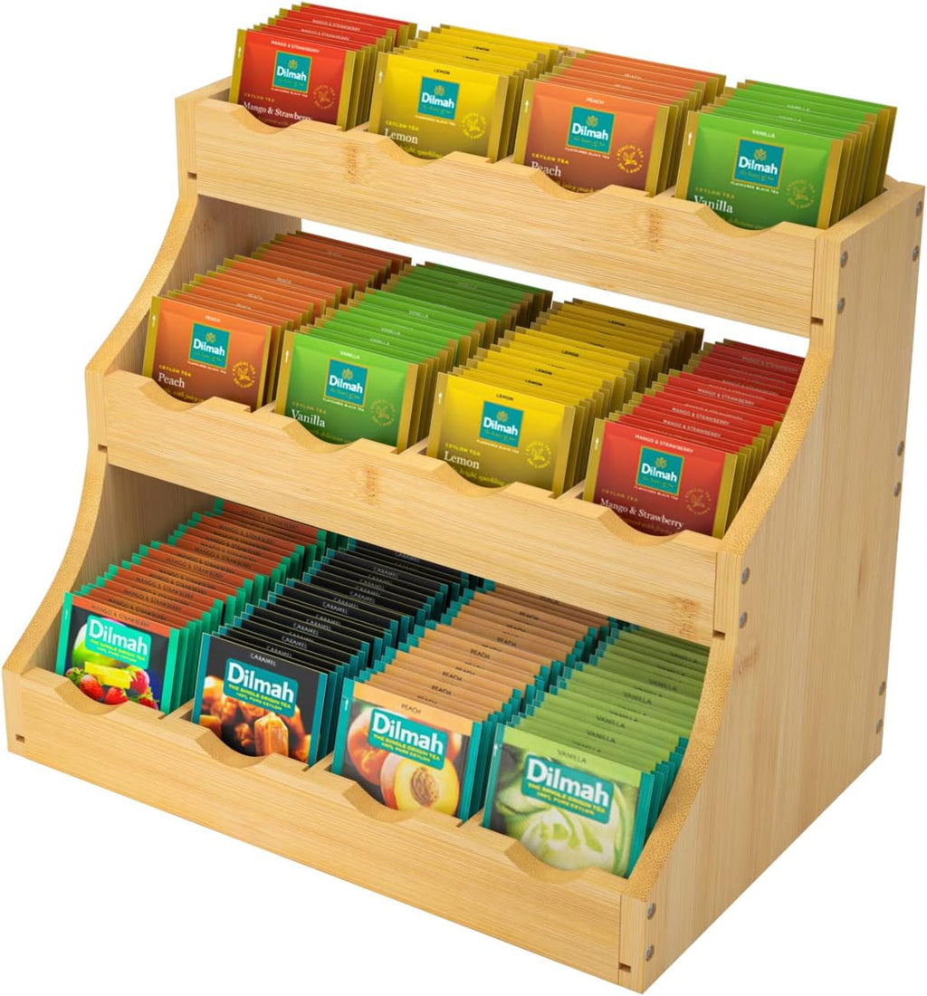 Bamboo Tea Bag Organizer, 3 Tier Vertical Tea Organizer, Tea Holder For Kitchen Island, Coffee Shop Or Office, Tea Storage With 12 Adjustable Partitions (Self-Assembly)