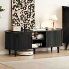 TV Console with Power Outlet-55" Entertainment Center with Sliding Tambour Door, Modern TV Stands for Living Room Bedroom, LED Media Stand with Storage Cabinet and Adjustable Shelves, Black