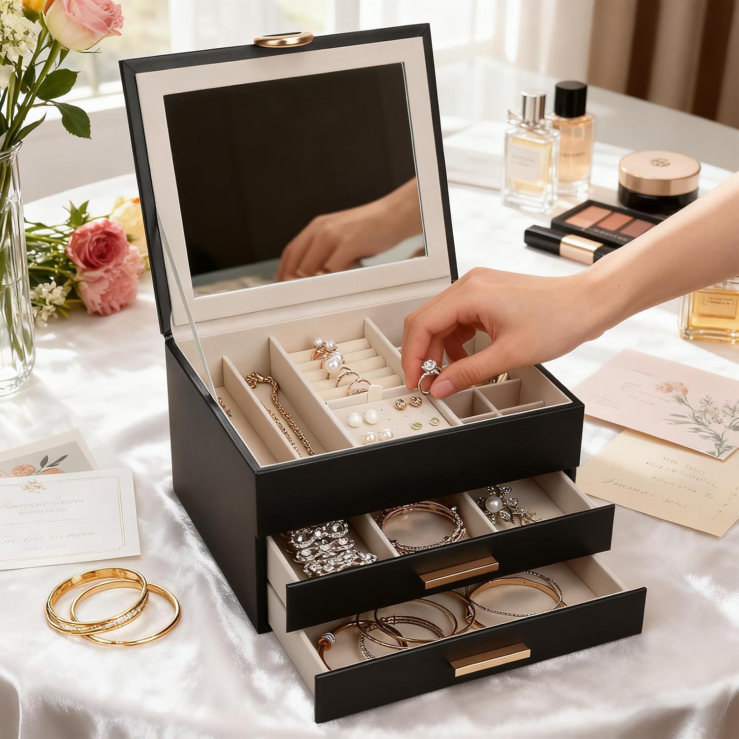 Women's Luxury Jewelry Armoire with Mirror - Compact 2-Drawer Chest with Ring Rolls & Necklace Hooks, Ideal Gift for Women Black