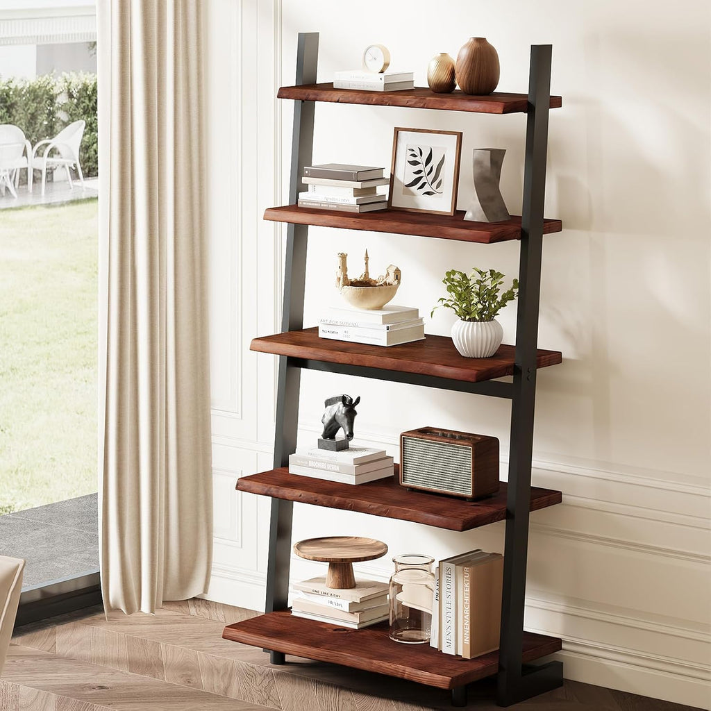 5-Tier Solid Wood Ladder Bookshelf with Natural Live Edge | Rustic Walnut Storage & Display Leaning Bookcase, Modern Space-Saving Shelf for Living Room, Bedroom, Home Office