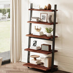 5-Tier Solid Wood Ladder Bookshelf with Natural Live Edge | Rustic Walnut Storage & Display Leaning Bookcase, Modern Space-Saving Shelf for Living Room, Bedroom, Home Office