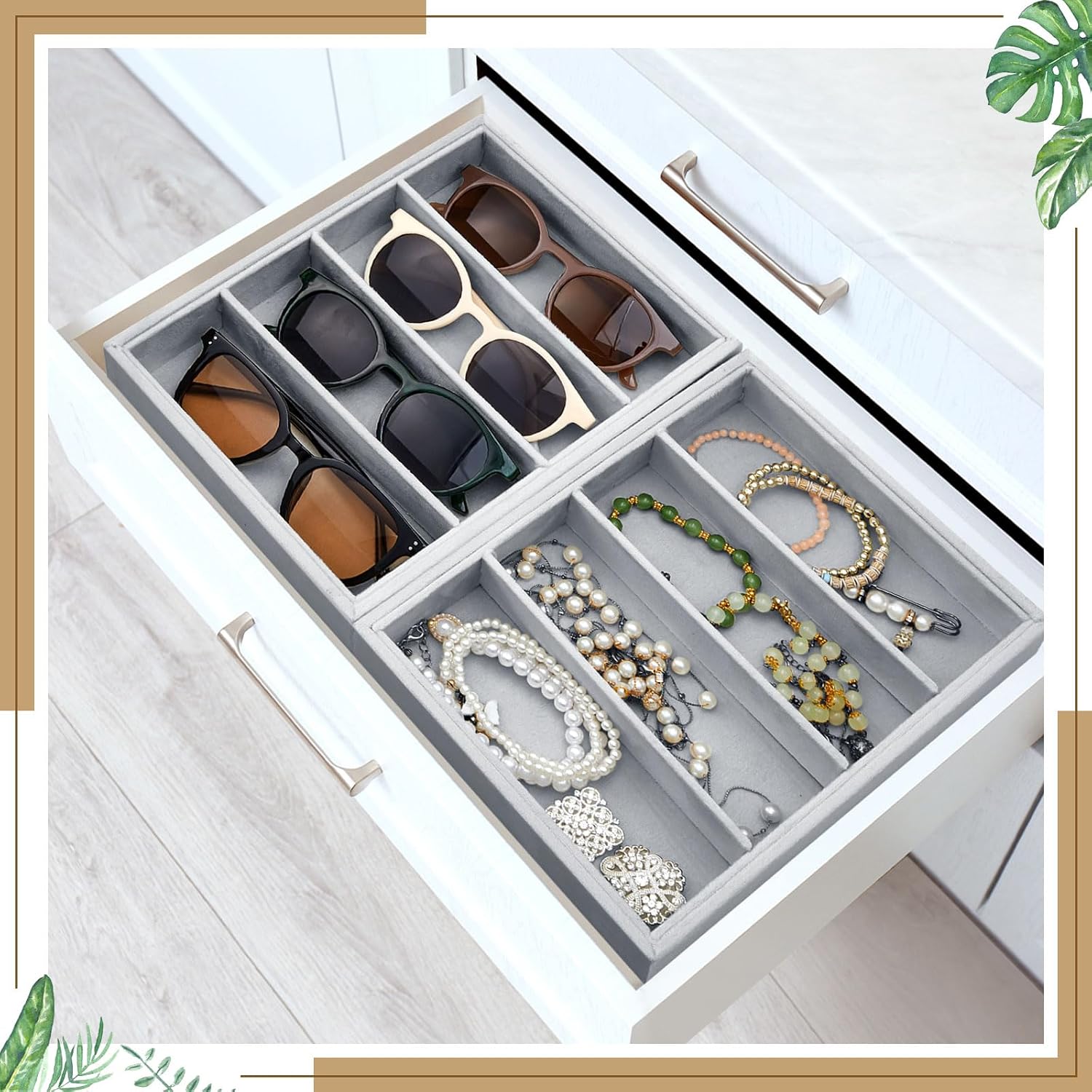 4 Pcs Gray Sunglass Organizer Trays 4 Grids Velvet Glasses Holder Jewelry Display Organizer Eyeglasses Storage Box Drawer