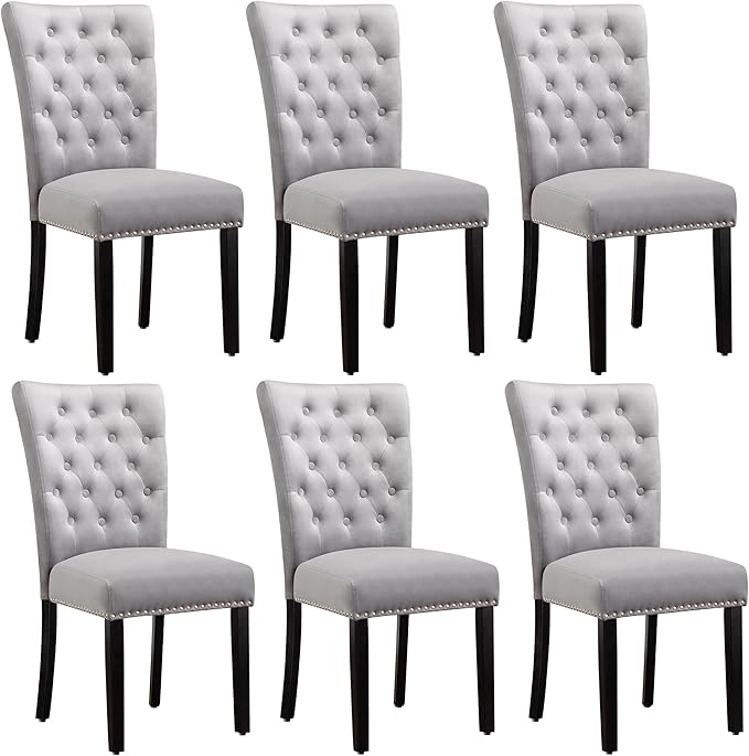 Velvet Dining Kitchen Chair Set of 6, Parsons Upholstered Dining Room Chair, Wood Accent Chair with Nailed Trim, Grey