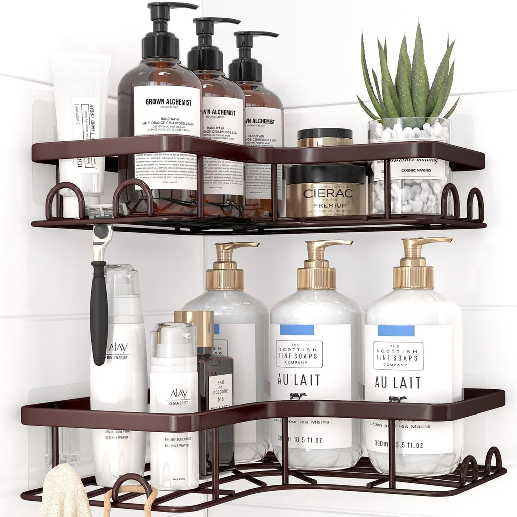 Corner Shower Caddy - 2 Pack, Adhesive Shower Organizers, Rustproof Stainless Steel Shower Shelves with 8 Hooks, No Drilling Bathroom Organizers and Storage Racks, Space-Saving, Brown, Medium