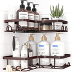 Corner Shower Caddy - 2 Pack, Adhesive Shower Organizers, Rustproof Stainless Steel Shower Shelves with 8 Hooks, No Drilling Bathroom Organizers and Storage Racks, Space-Saving, Brown, Medium
