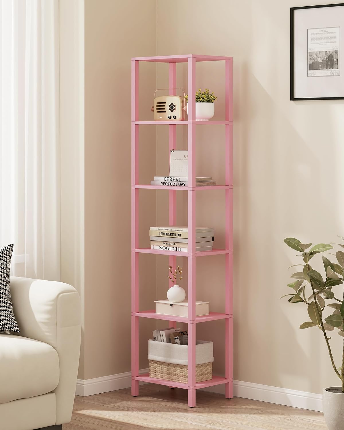 TUTOTAK Bookshelf, 6-Tier Tall Narrow Book Shelf for Small Space | 10.7 x 14.5 x 65.3 Inches Skinny Display Shelf with Storage for Living Room, Office, Study, Entryway, Pink BS01BP006