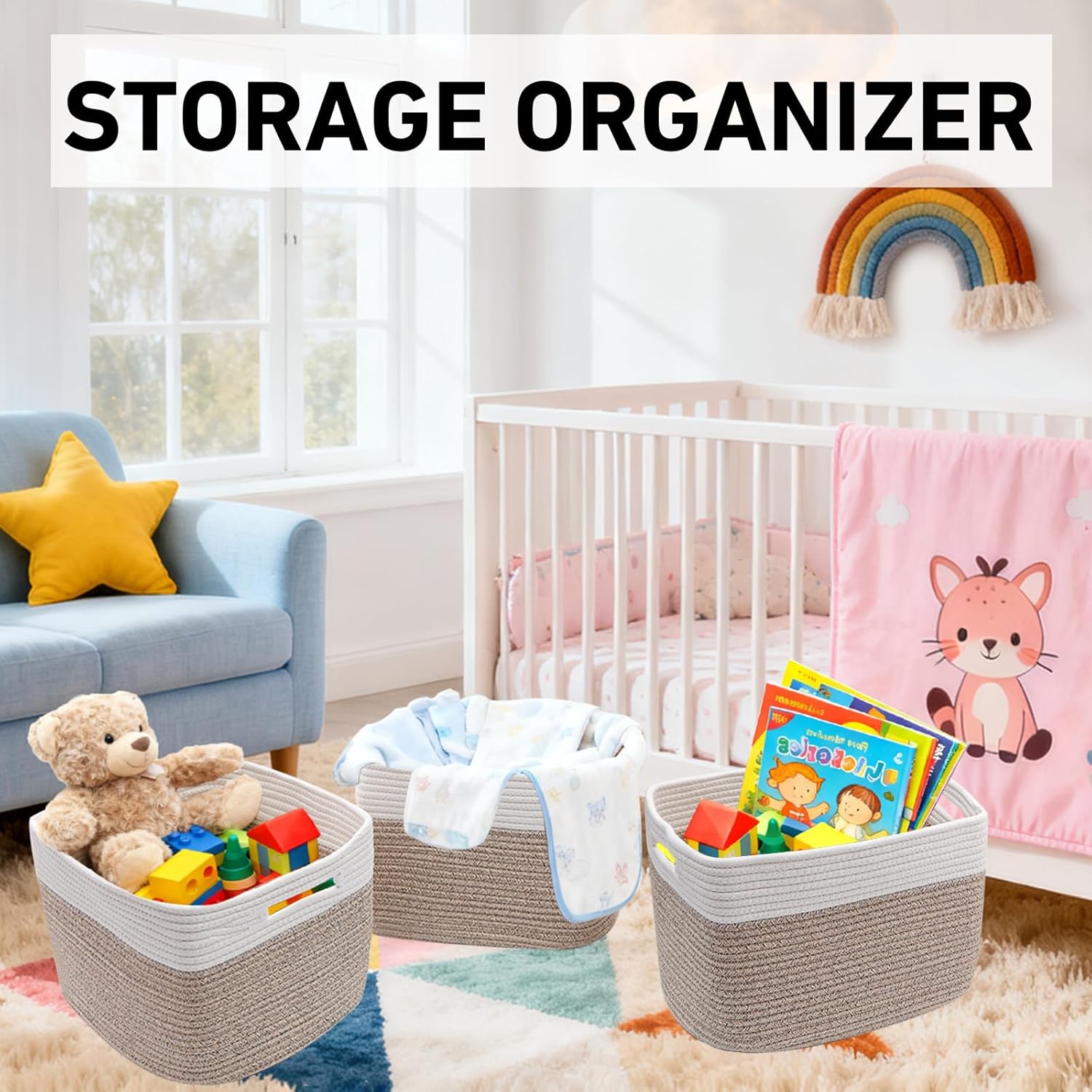3 Pack Woven Baskets,Storage Baskets for Shelves with Handles | 13.5"×11"×9.5" Closet Baskets, Nursery Organizer for Toys Towels Books, Storage Bin for Living Room Bedroom (White&Brown)